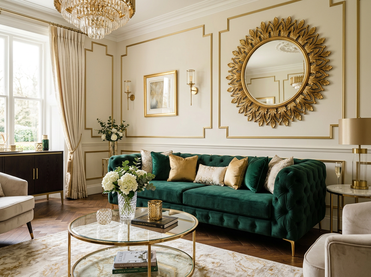 Glamour living room – bottle green velvet sofa with gold details and a large mirror