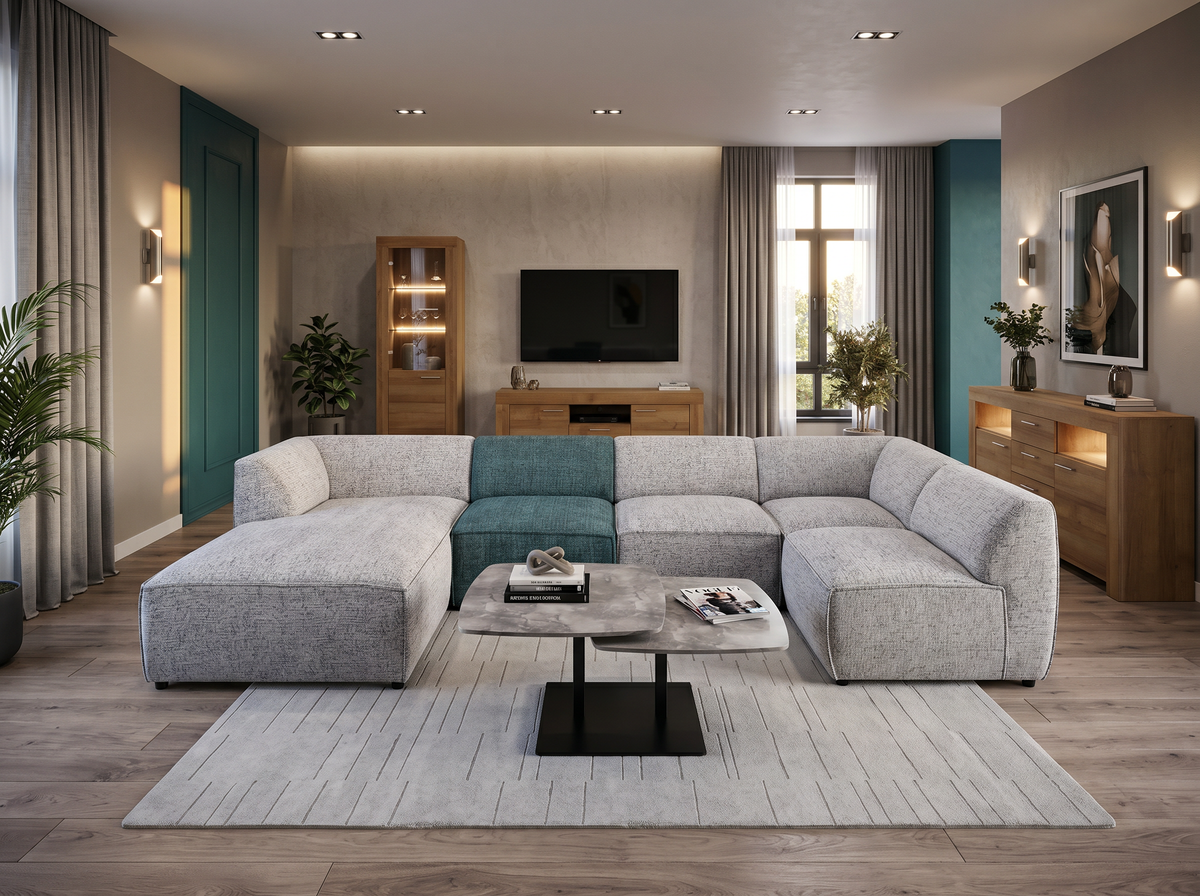 Spacious modern living room with a light Brick modular sofa with a contrasting turquoise module, a Dualis coffee table and wooden Genz furniture – TV unit, display cabinet and sideboard