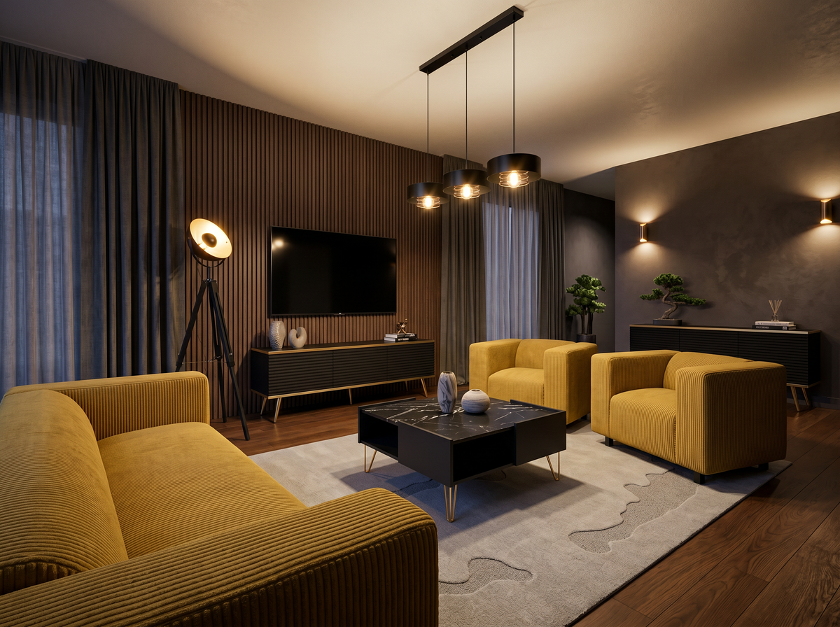 Salon moderne avec un canapé et des fauteuils July moutarde, une table basse Ballada noire, des meubles TV Meva foncés, un lampadaire Reflecto et une suspension Spirra