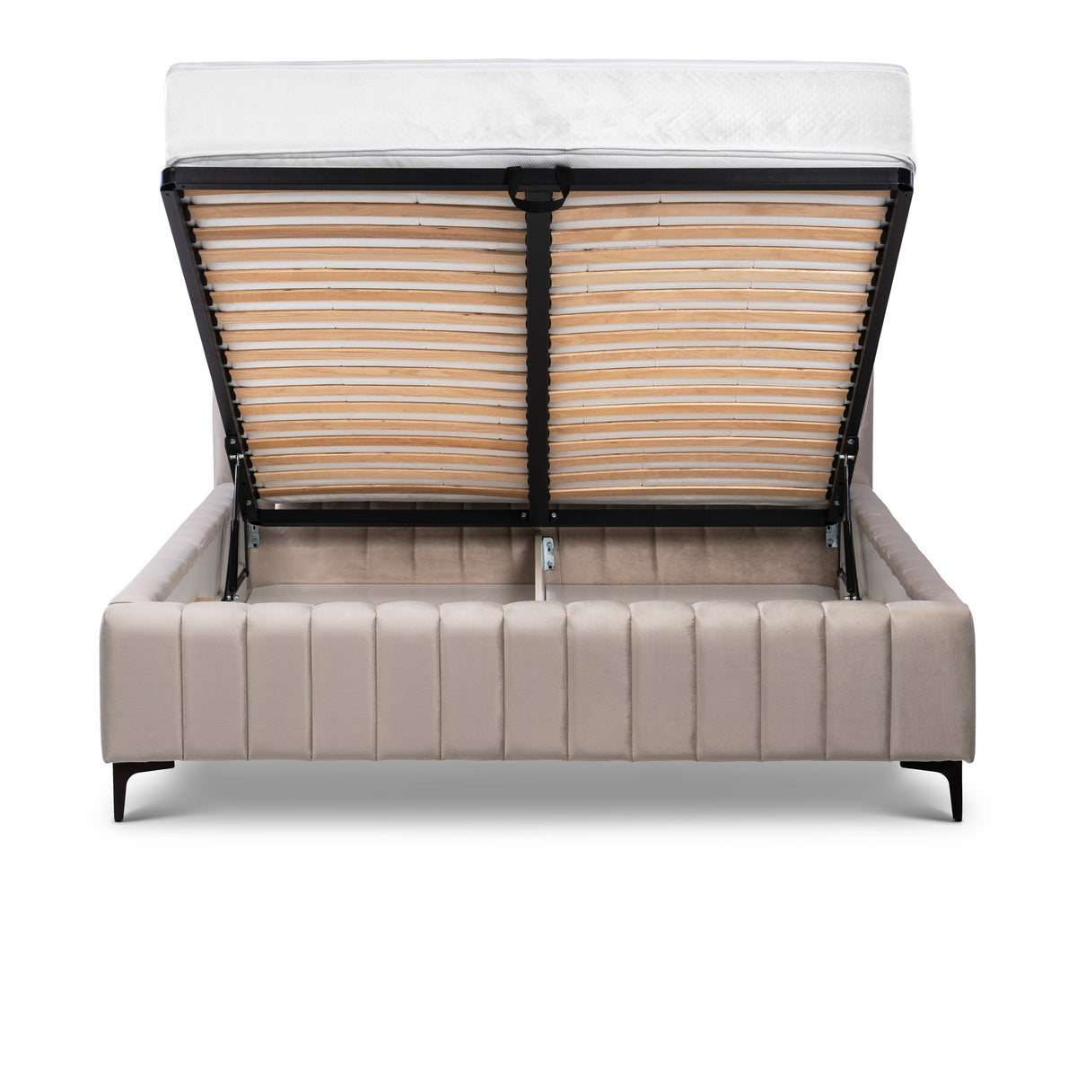 Drevy Upholstered Ottoman Bed with Storage, Modern Style – Fresh Velvet, Vertical Stitching – front view