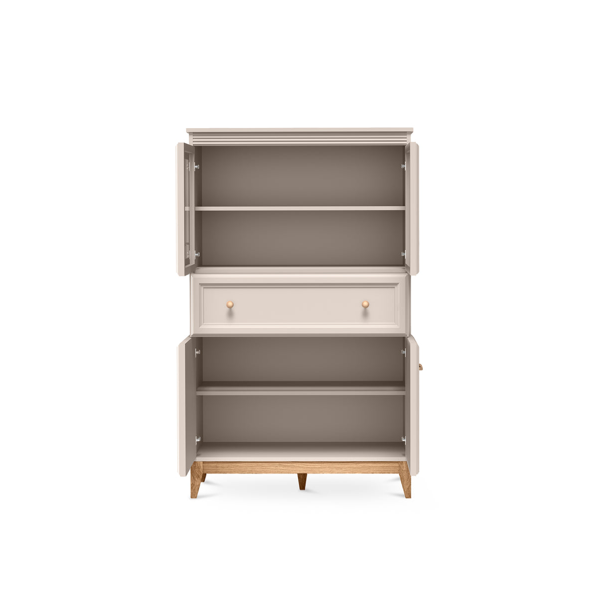 Serena Display Cabinet 92x151 with Glass Fronts, Modern Classic Style – with doors open