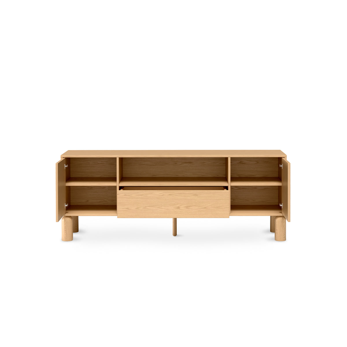 Fjord TV Unit 160x62 with Spacious Storage Compartments, Scandinavian Style – with doors open