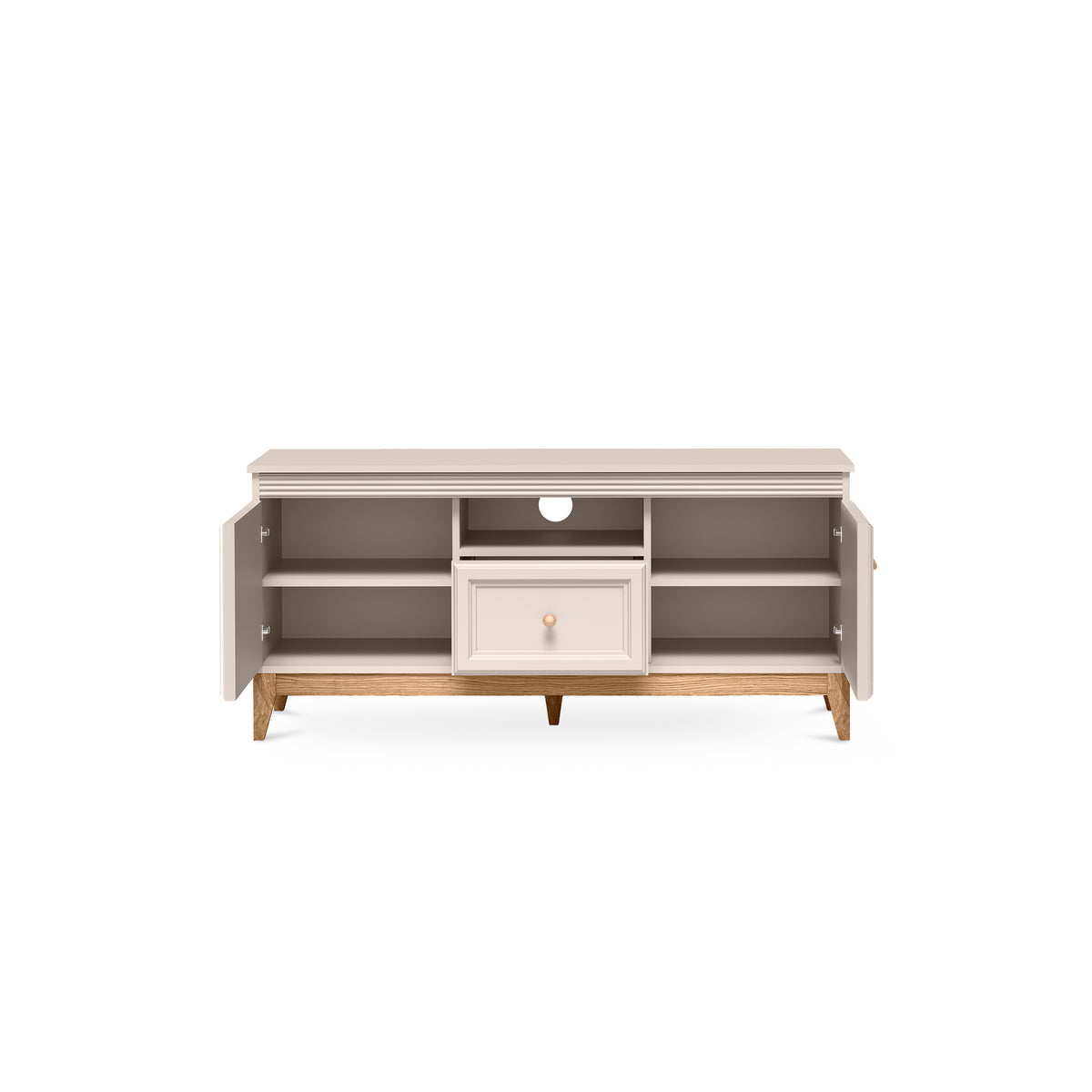 Serena TV Unit 136x62 with Fluted Fronts, Modern Classic Style – with doors open