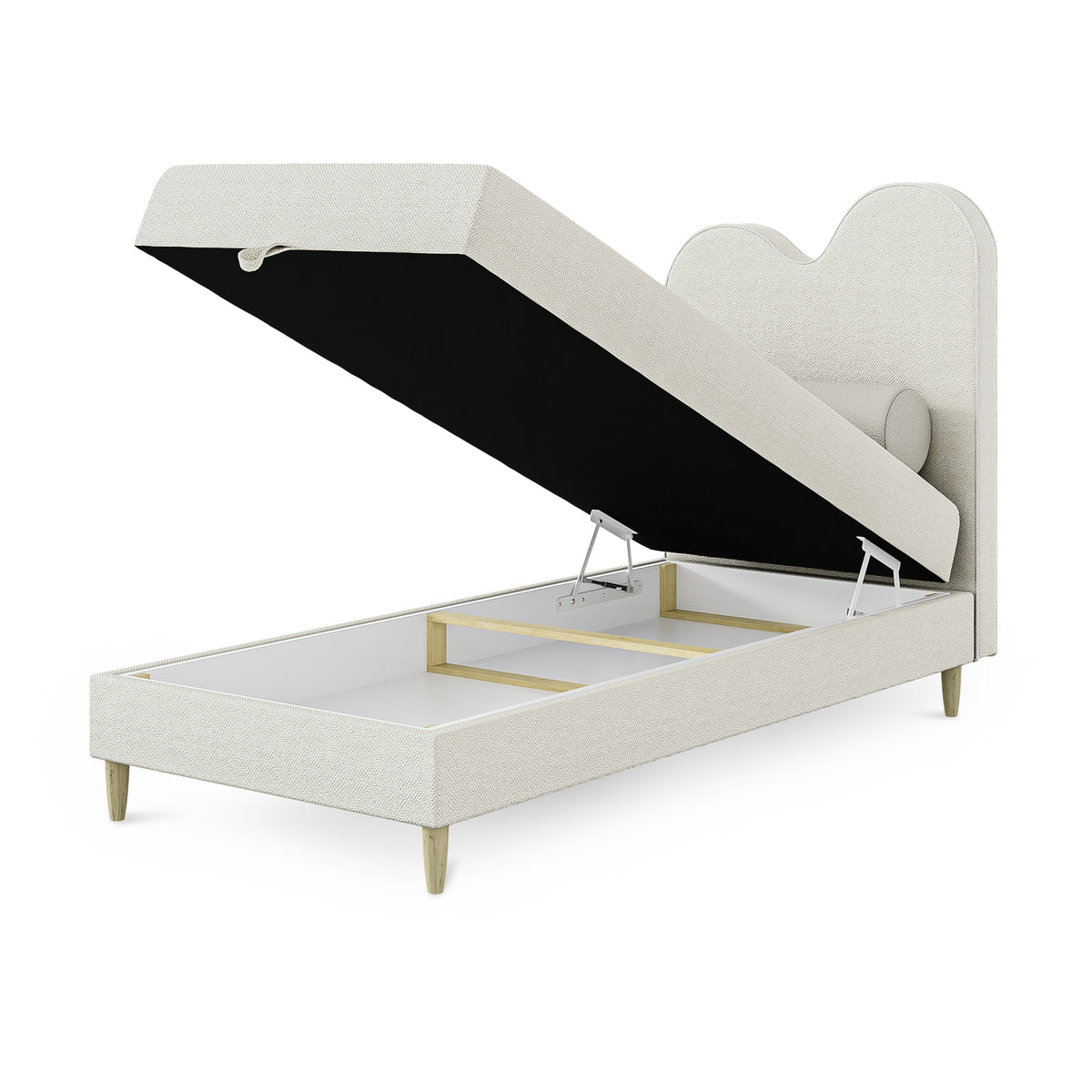 Mellia Kids Continental Divan Bed with a Wavy Headboard and Storage, Soft Modern Style – with doors open