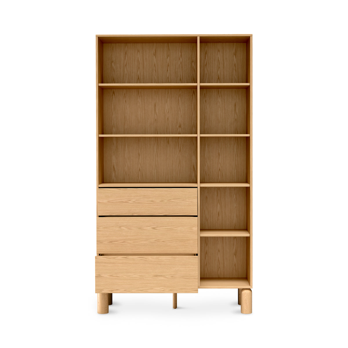 Fjord Bookcase 110x197 with Open Shelves and 3 Drawers, Scandinavian Style – with doors open