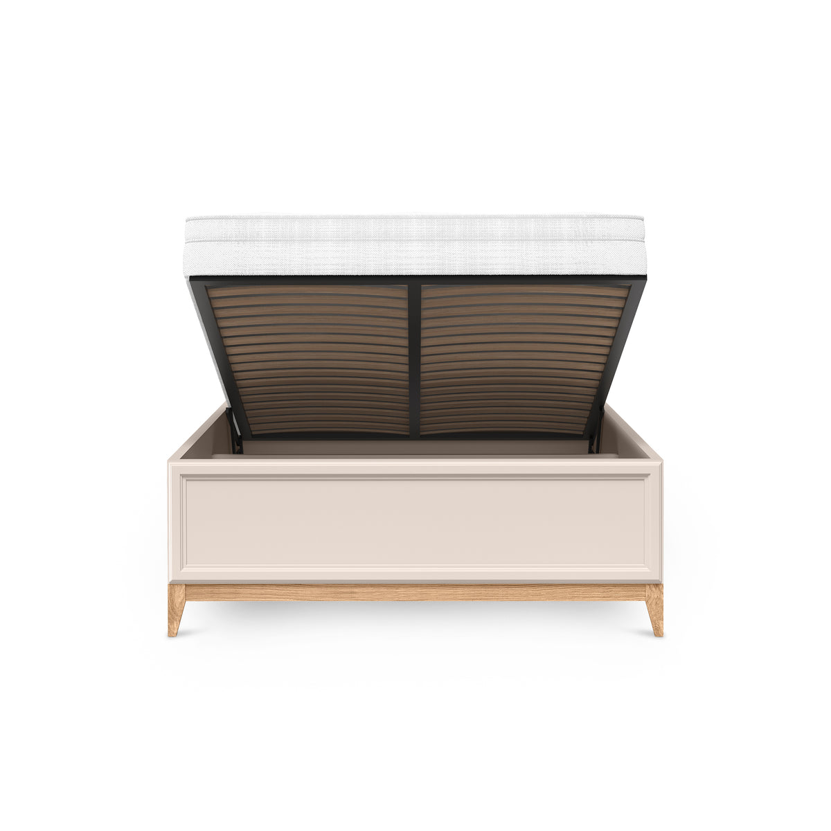 Serena Ottoman Bed with Storage and Decorative Headboard, Modern Classic Style – with doors open