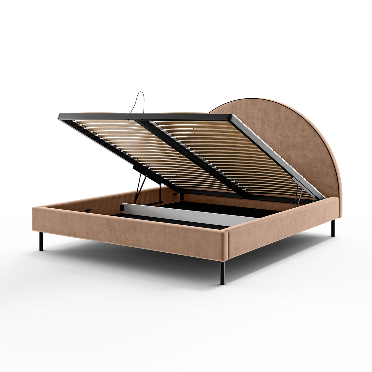 Zora Upholstered Ottoman Bed with a Semicircular Headboard and Storage, Soft Modern Style – with doors open