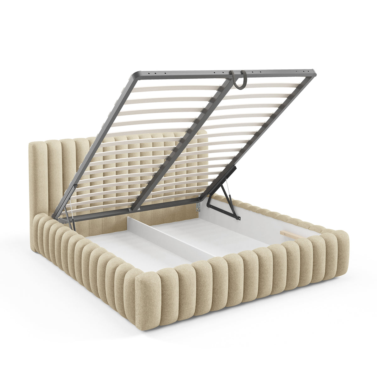 Pastel Upholstered Ottoman Bed with Storage, Modern Soft Style, Doha Fabric – with doors open