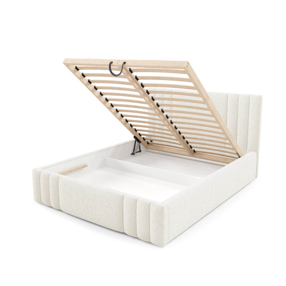 Falda Upholstered Ottoman Bed with Storage, Various Sizes in Elegant Style, Lambi Fabric – with doors open
