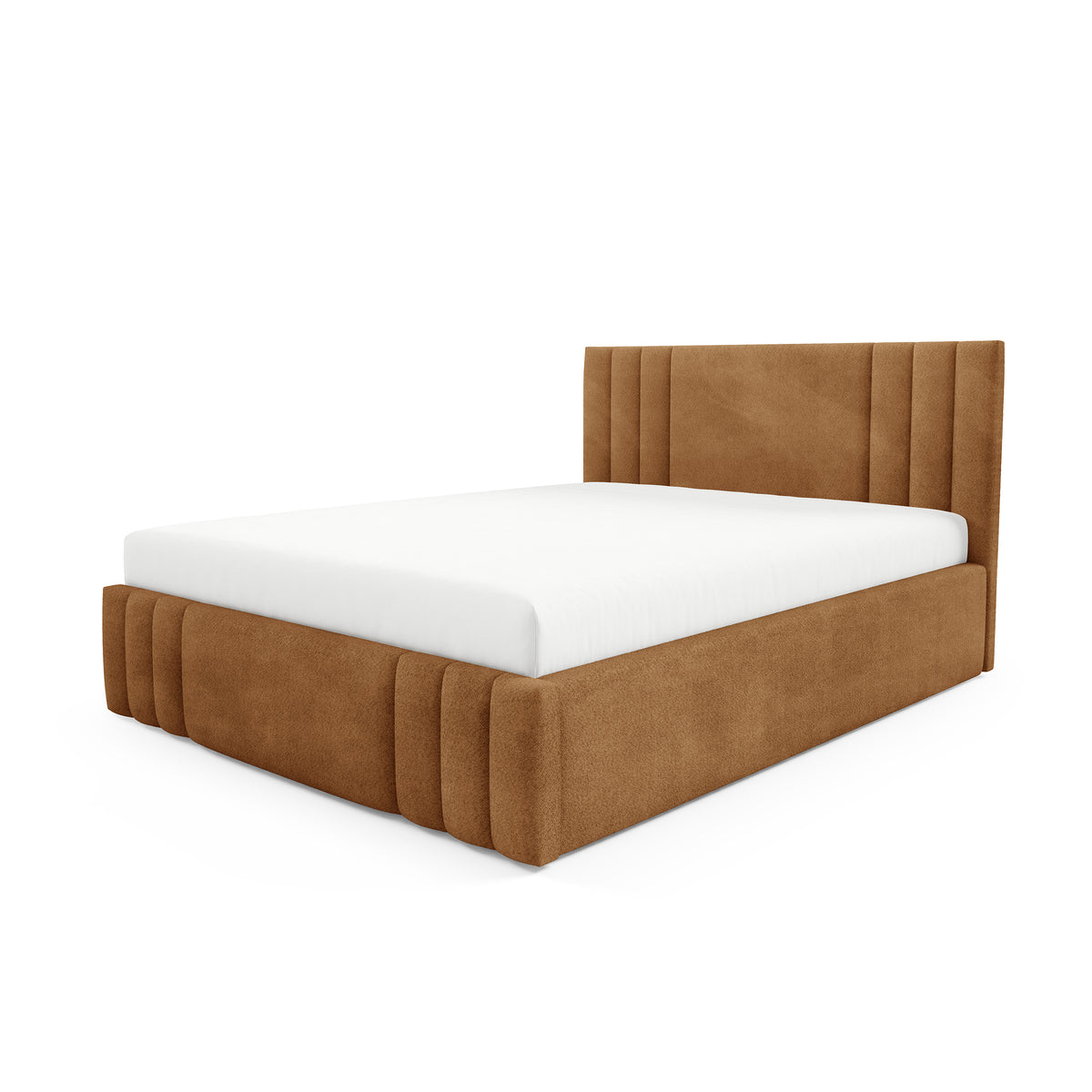 Falda Upholstered Ottoman Bed with Storage, Various Sizes in Elegant Style, Coral Fabric – Caramel Brown (CORAL 35)