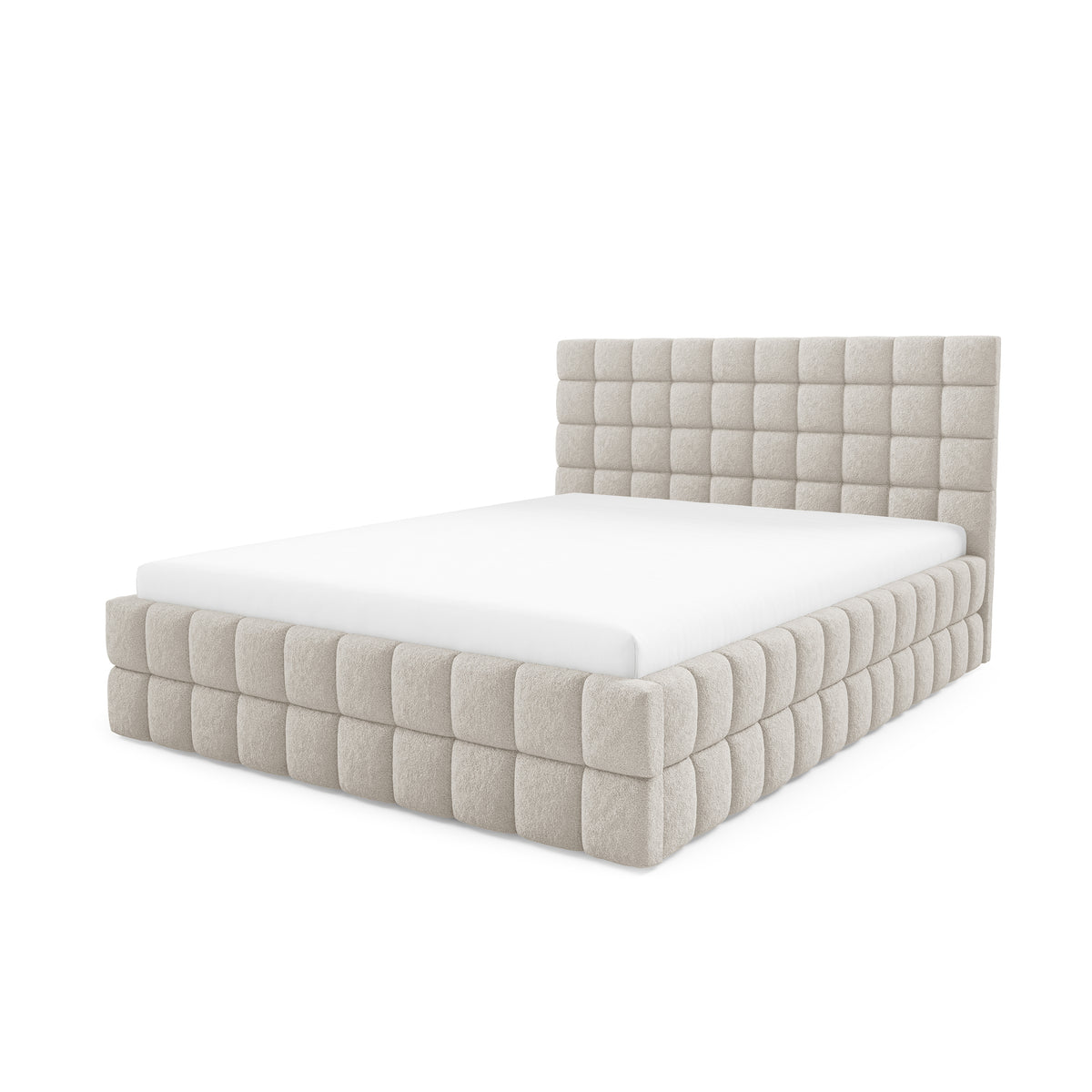 Stratus Upholstered Ottoman Bed with Storage, Various Sizes in Modern Style, Lambi Fabric – Sandy Linen (LAMBI 05)