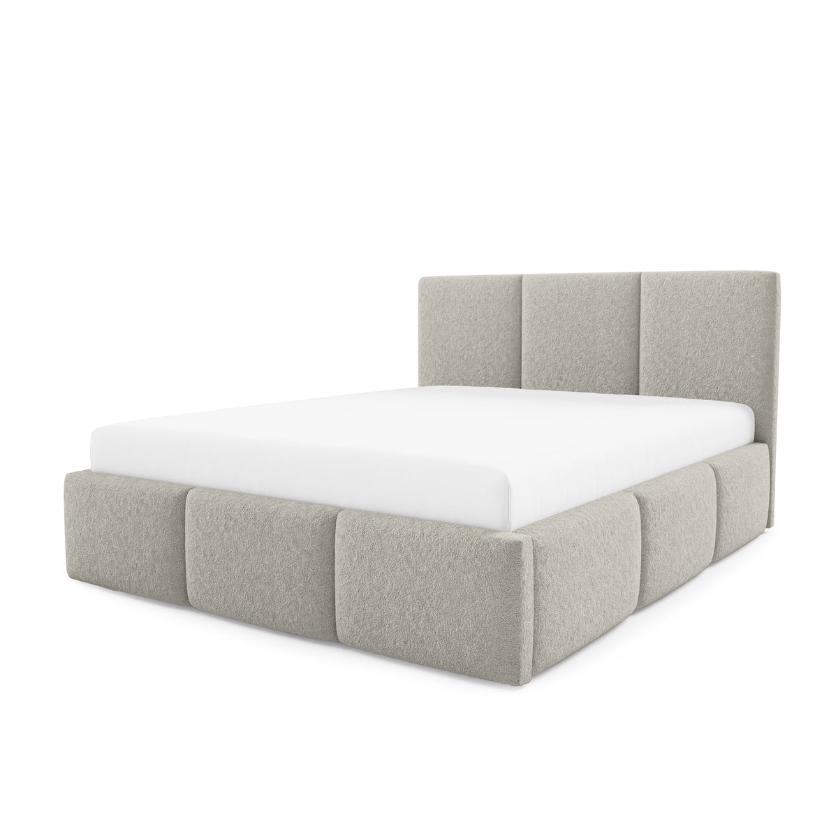 Melora Upholstered Ottoman Bed with Storage, Various Sizes in Modern Style, Lambi Fabric – Powder Bone (LAMBI 08)
