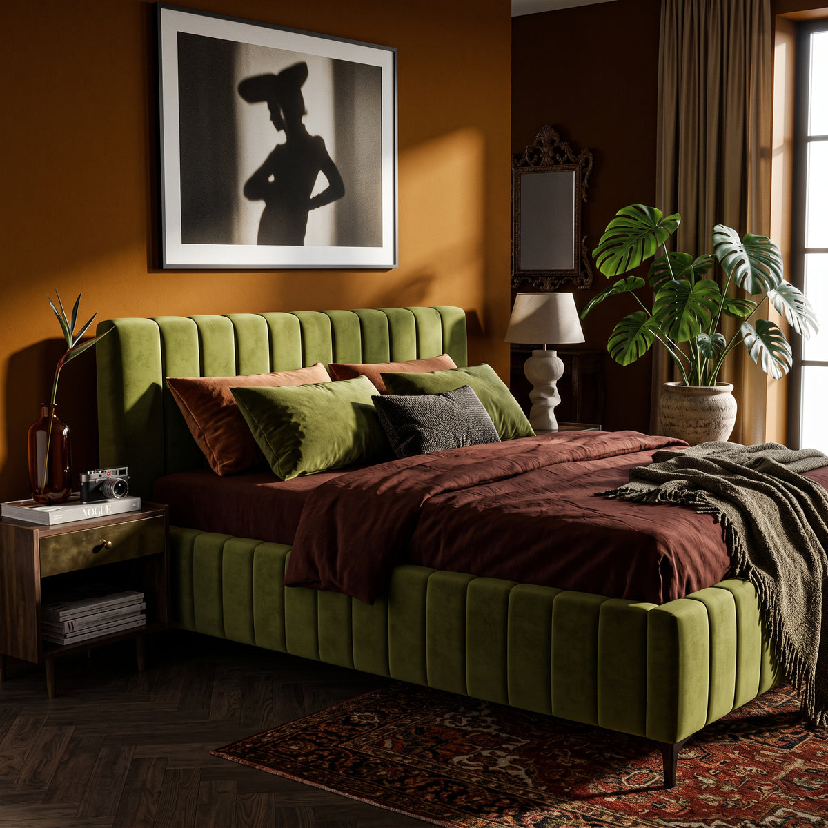 Drevy Upholstered Ottoman Bed with Storage, Modern Style – Fresh Velvet 140x200, 160x200 and 180x200, Vertical Stitching – in a room setting