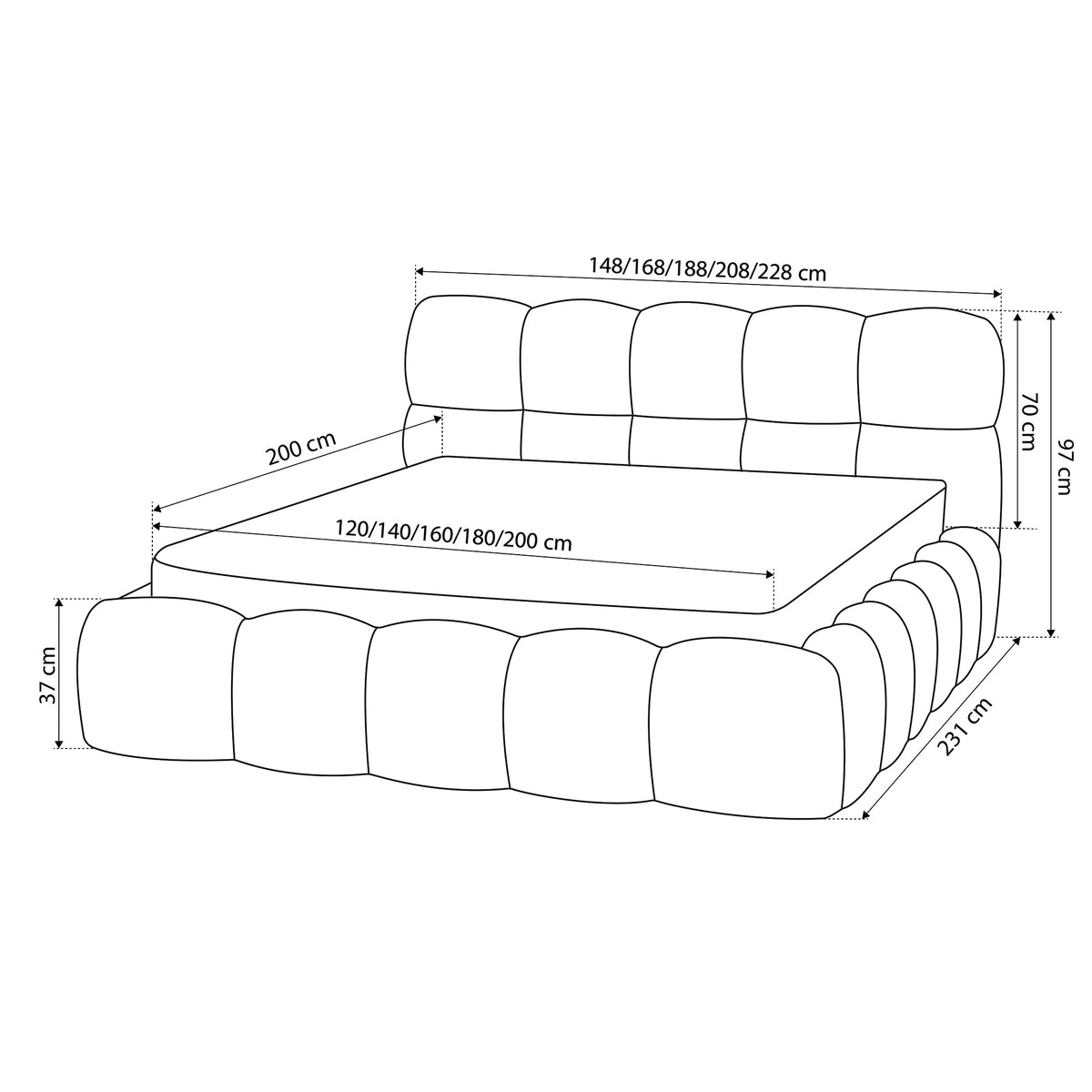 Mevy Upholstered Ottoman Bed with Storage, Minimalist Style – dimensions drawing
