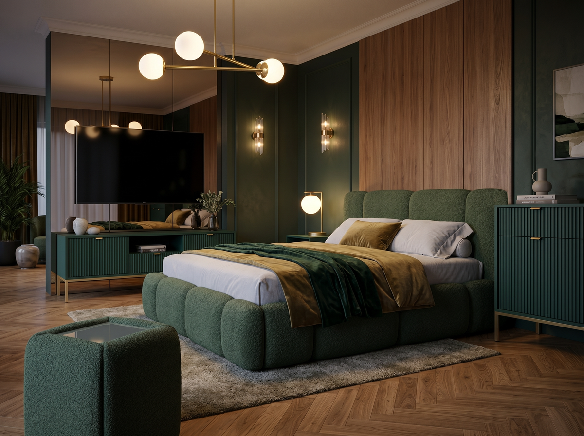Elegant bedroom with a green Neria upholstered bed, a Roza bedside table, chest of drawers and TV unit and gold Orbitella lamps