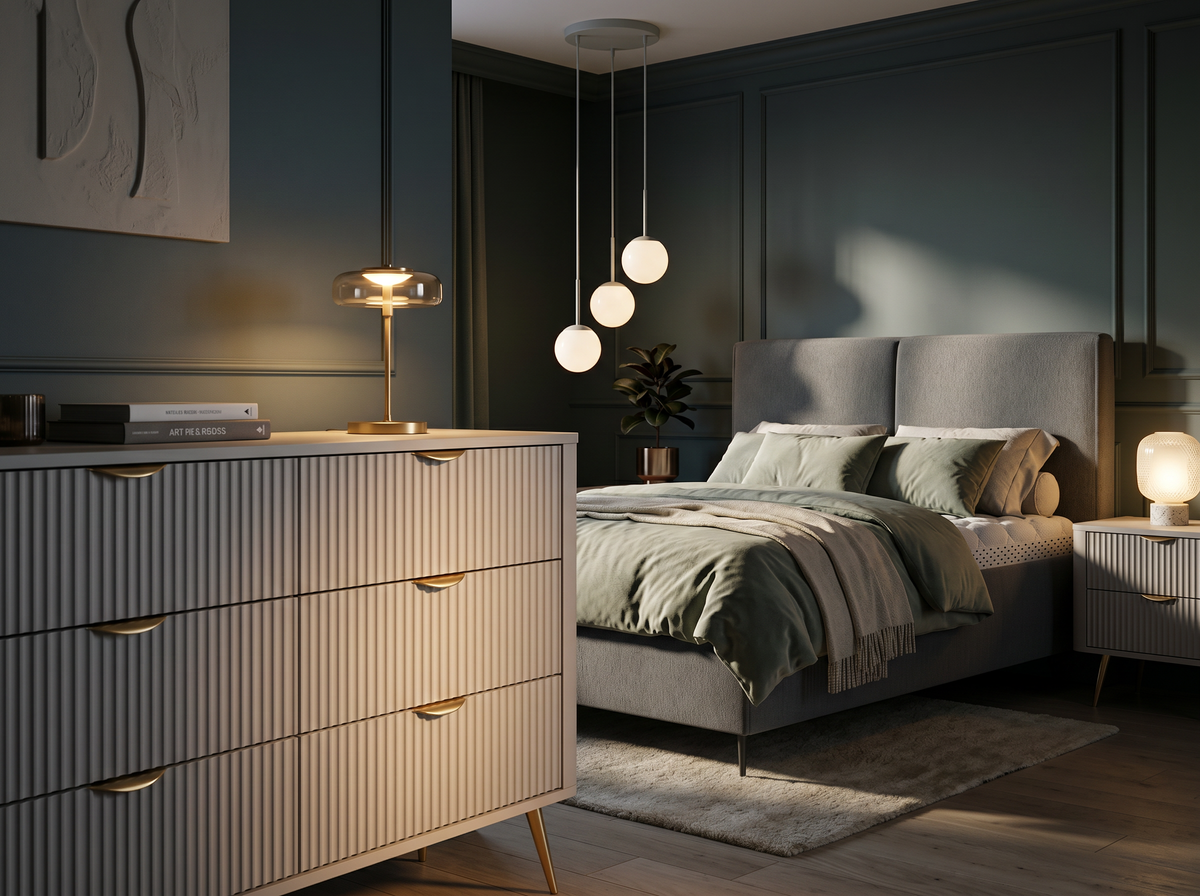 Elegant bedroom with a beige upholstered bed, a Laanti bedside table and chest of drawers with gold details and a Triella pendant lamp