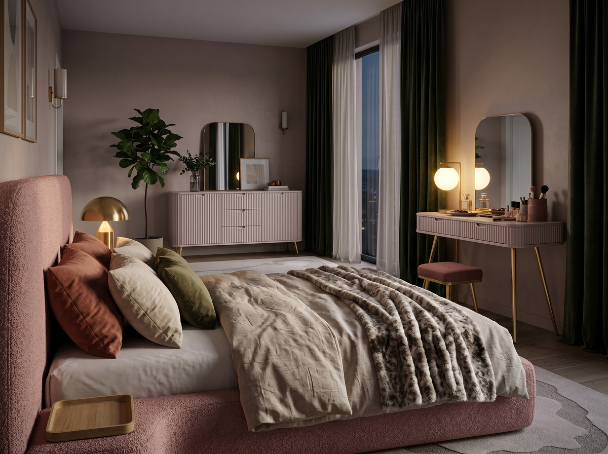 Elegant bedroom with a pink Genz upholstered bed, an Eva chest of drawers and dressing table and a gold lamp with a globe shade, in warm shades of pink, beige and gold