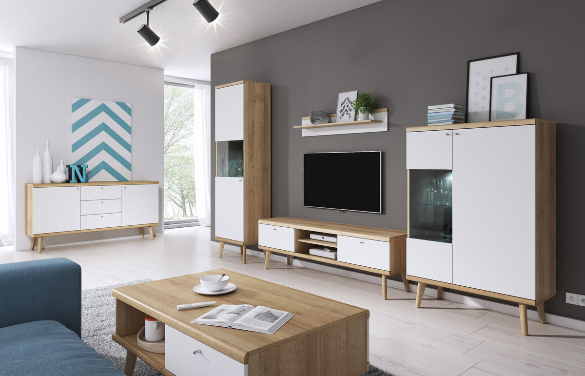 Lato TV Unit / TV Stand 107x50, Scandinavian Style – Riviera Oak, Wooden Legs, MDF Fronts – in a room setting