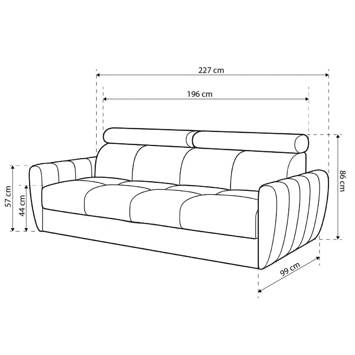 Franec 3 Seater Sofa Bed 227 cm, Minimalist Style – dimensions drawing