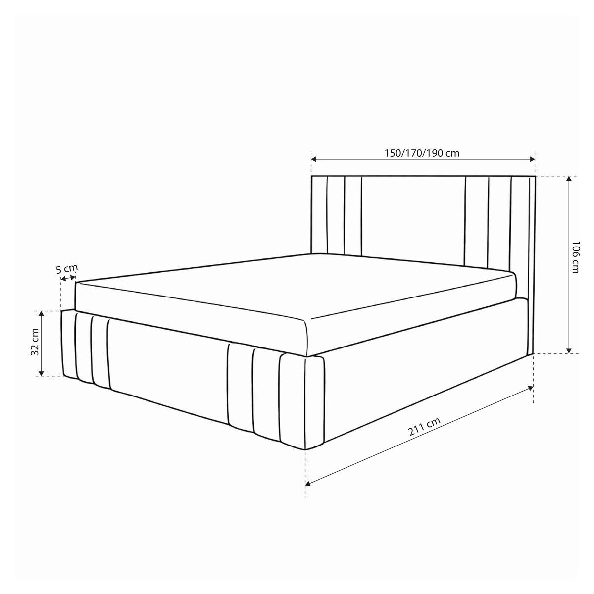 Falda Upholstered Ottoman Bed with Storage, Various Sizes in Elegant Style, Coral Fabric – dimensions drawing