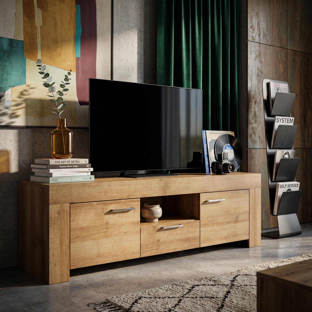 Gorky TV Unit / TV Stand Set with Shelf 155x50 + 155x20, Modern Style – in a room setting