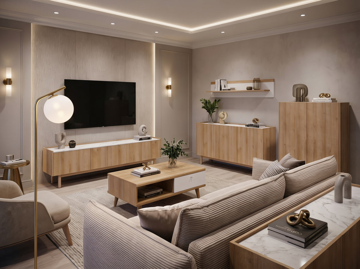 Bright, cosy living room with a beige Lily sofa, a wooden Lato coffee table, an Anawa TV unit and sideboards and a gold Orbitella floor lamp