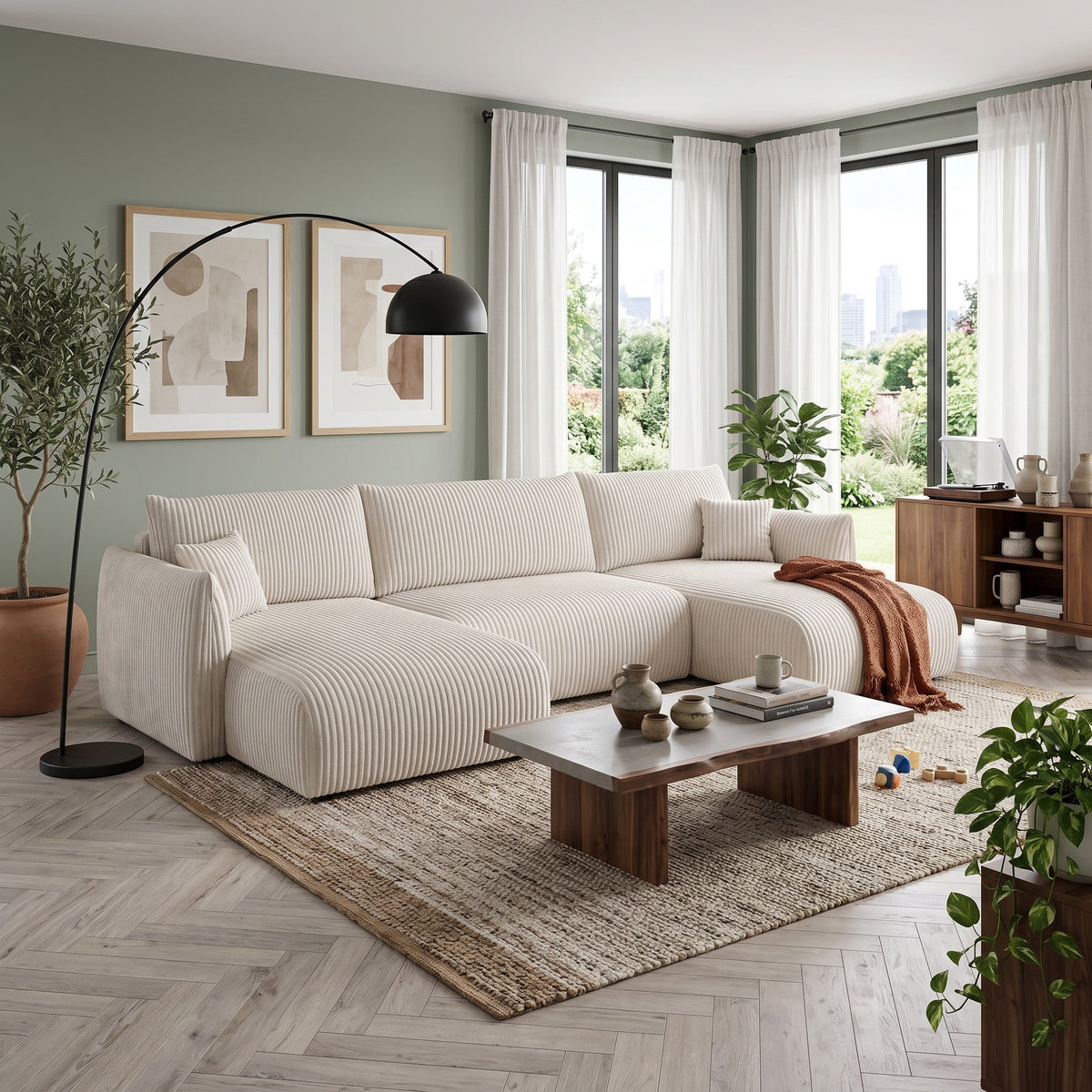 Alloro U Shaped Corner Sofa Bed with Storage, Sleeping Area 145x302 – in a room setting