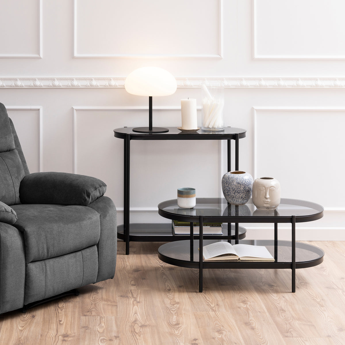 Moren Oval Coffee Table with Smoked Glass, Modern Style – in a room setting