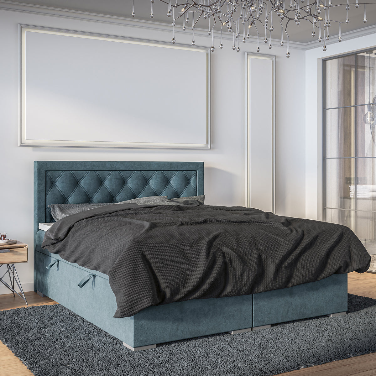 Santia Diamond-tufted Continental Divan Bed with Two Storage Compartments 140x200, 160x200 and 180x200, Glamour Style – in a room setting