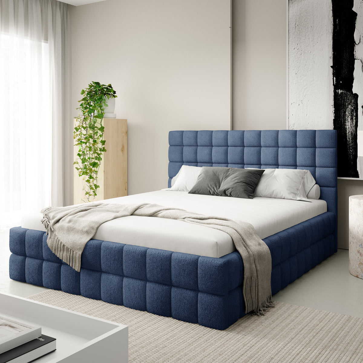 Stratus Upholstered Ottoman Bed with Storage, Various Sizes in Modern Style 140x200, 160x200 and 180x200, Coral Fabric – in a room setting