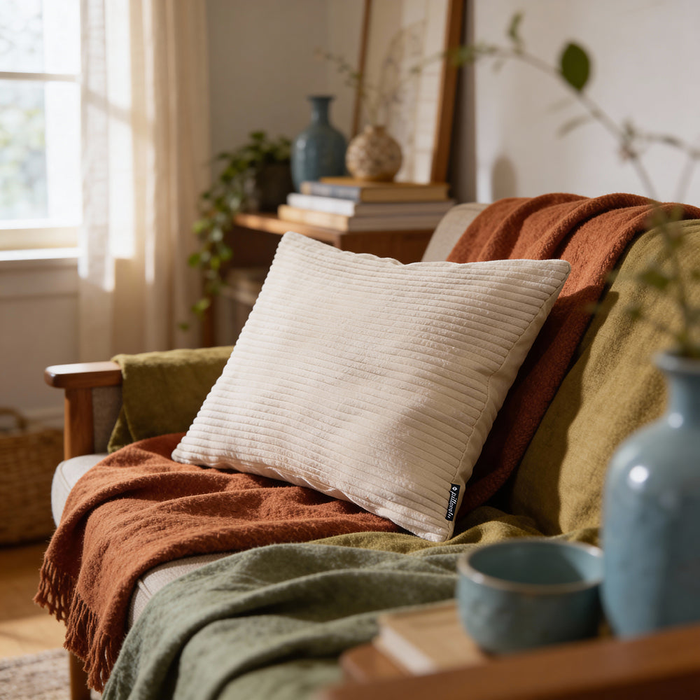 Wide Corduroy Decorative Cushion 40x55 cm, Vintage Style – in a room setting