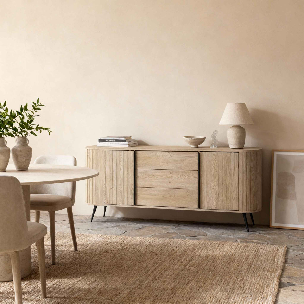 Llovia Sideboard with Sliding Doors and Drawers 196x82, Modern Style