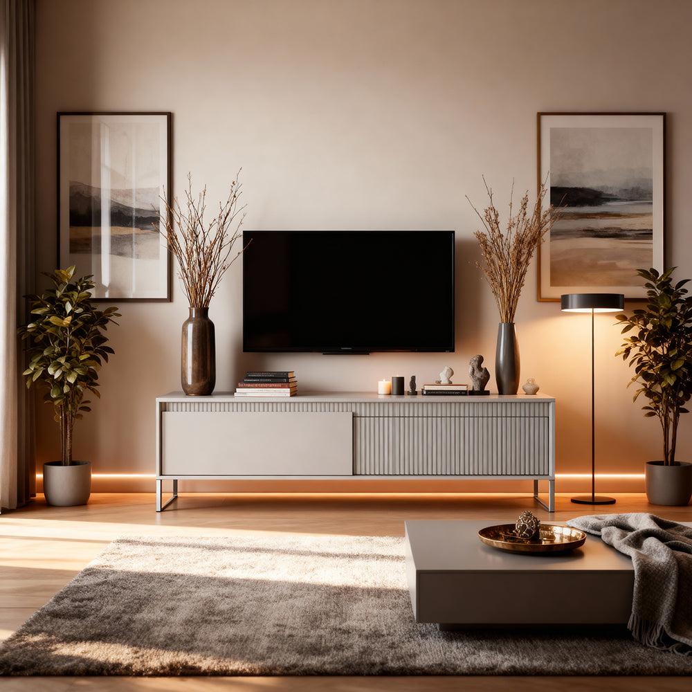 Senra TV Unit / TV Stand 154x53, Japandi Style – in a room setting