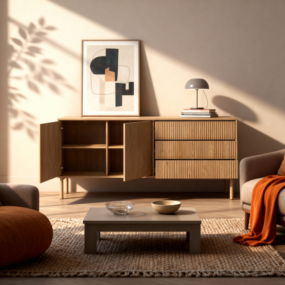 Viola 2-door Sideboard with 3 Drawers 187x80, Japandi Style – in a room setting