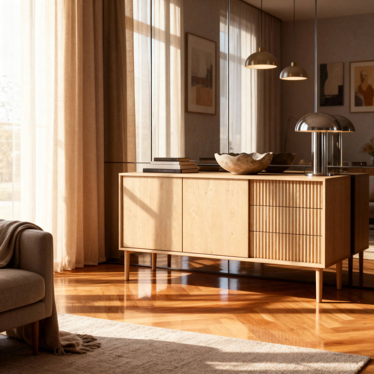 Viola 2-door Sideboard 154x80 with 3 Drawers, Japandi Style – in a room setting