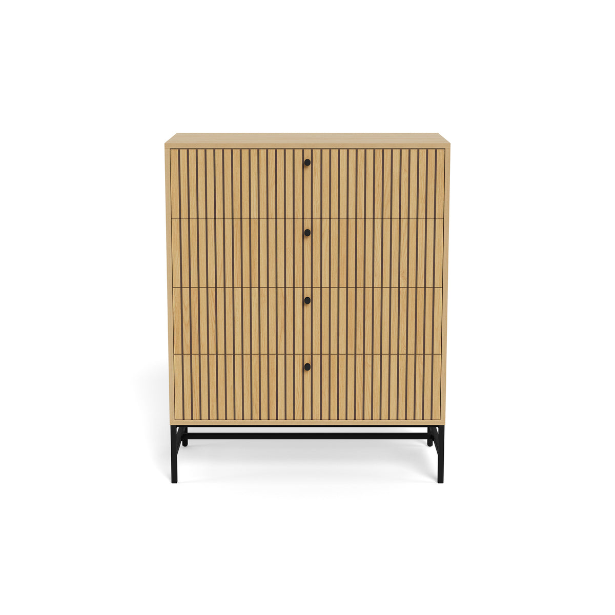 Commode Bambouz 81 x 100 en chêne – vue de face sur la façade à lamelles avec des poignées noires