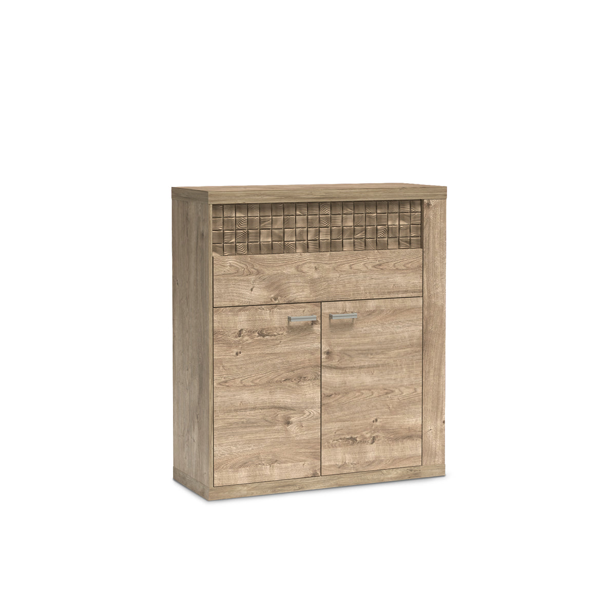 Dressoir Korin 102x119 in eiken – dressoir met lades, kastje en geribbelde front, schuin aanzicht