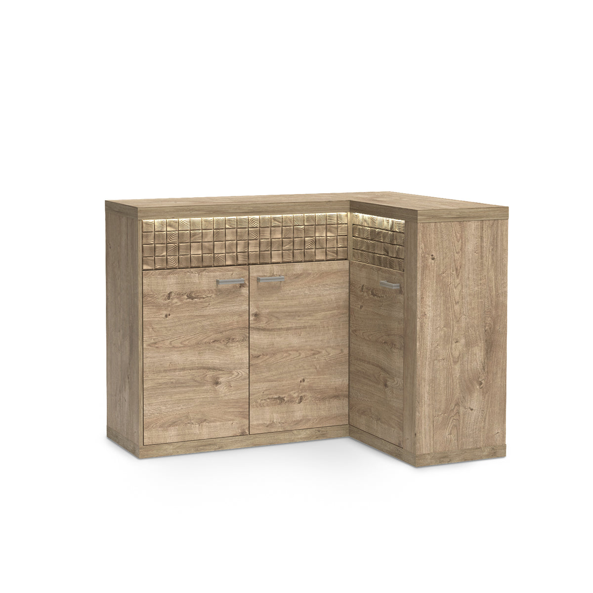 Dressoir Korin 132x99 met LED – warm licht boven het geribbelde front, dressoir met LED-verlichting