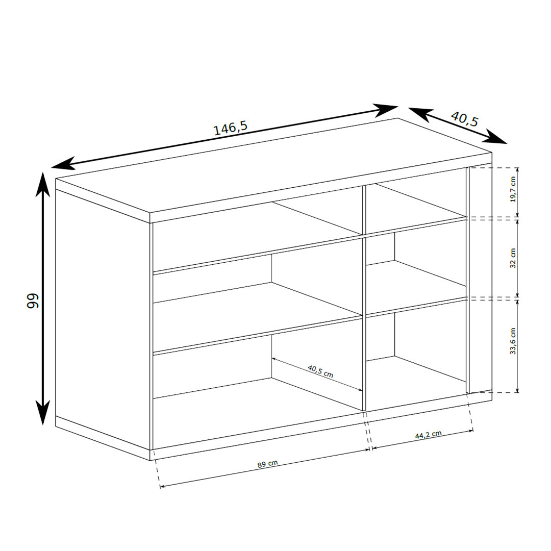 Dressoir Korin 147x99 – maattekening met breedte, hoogte en diepte