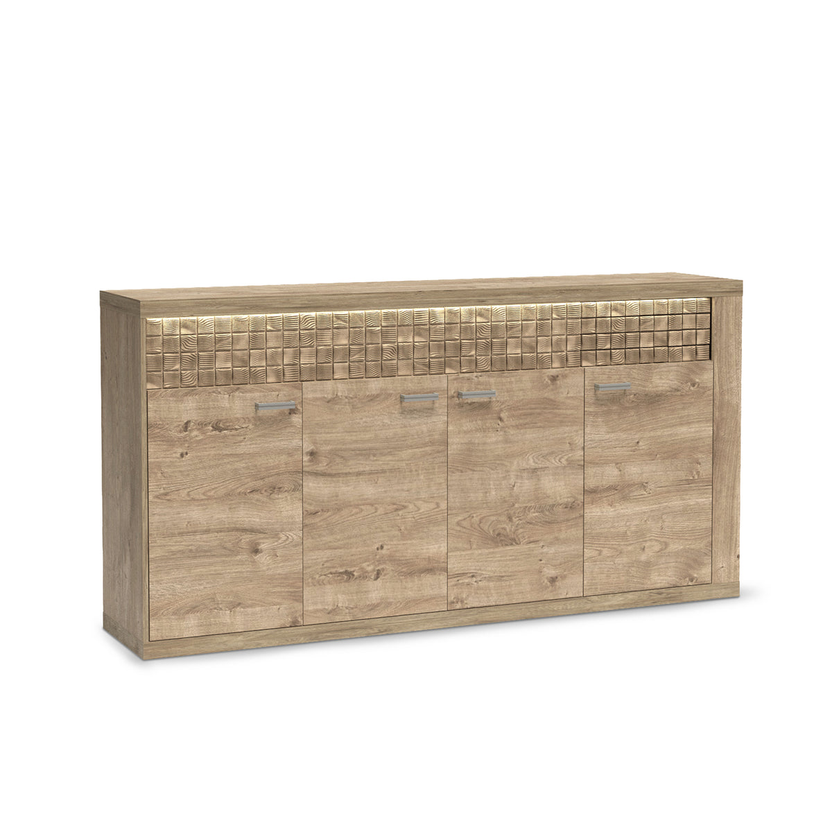Dressoir Korin 192x99 met LED – warm licht boven het geribbelde front, dressoir met LED-verlichting