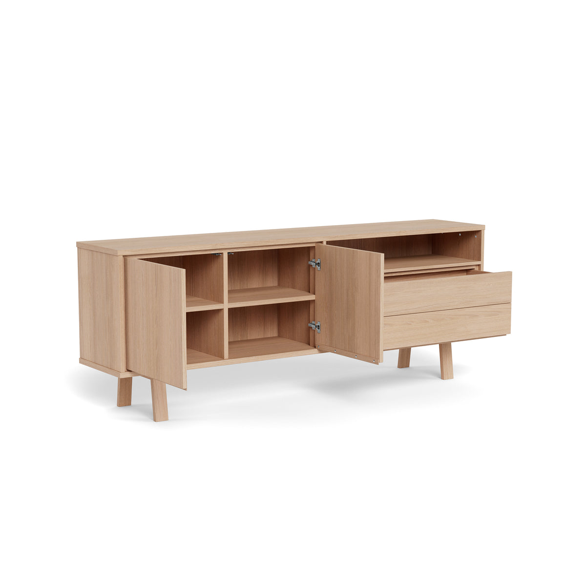 Commode Lurisse 200 x 75, chêne blanchi, avec porte ouverte et tiroir – intérieur avec cloison et étagères