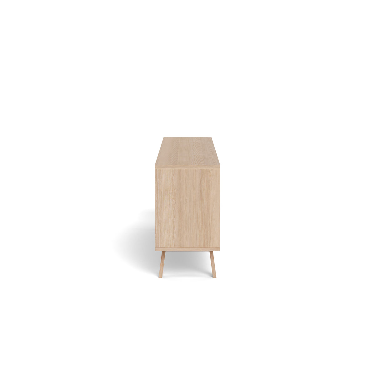 Commode Lurisse 200 x 75, chêne blanchi – vue de profil montrant la profondeur du corps et les pieds en chêne légèrement inclinés