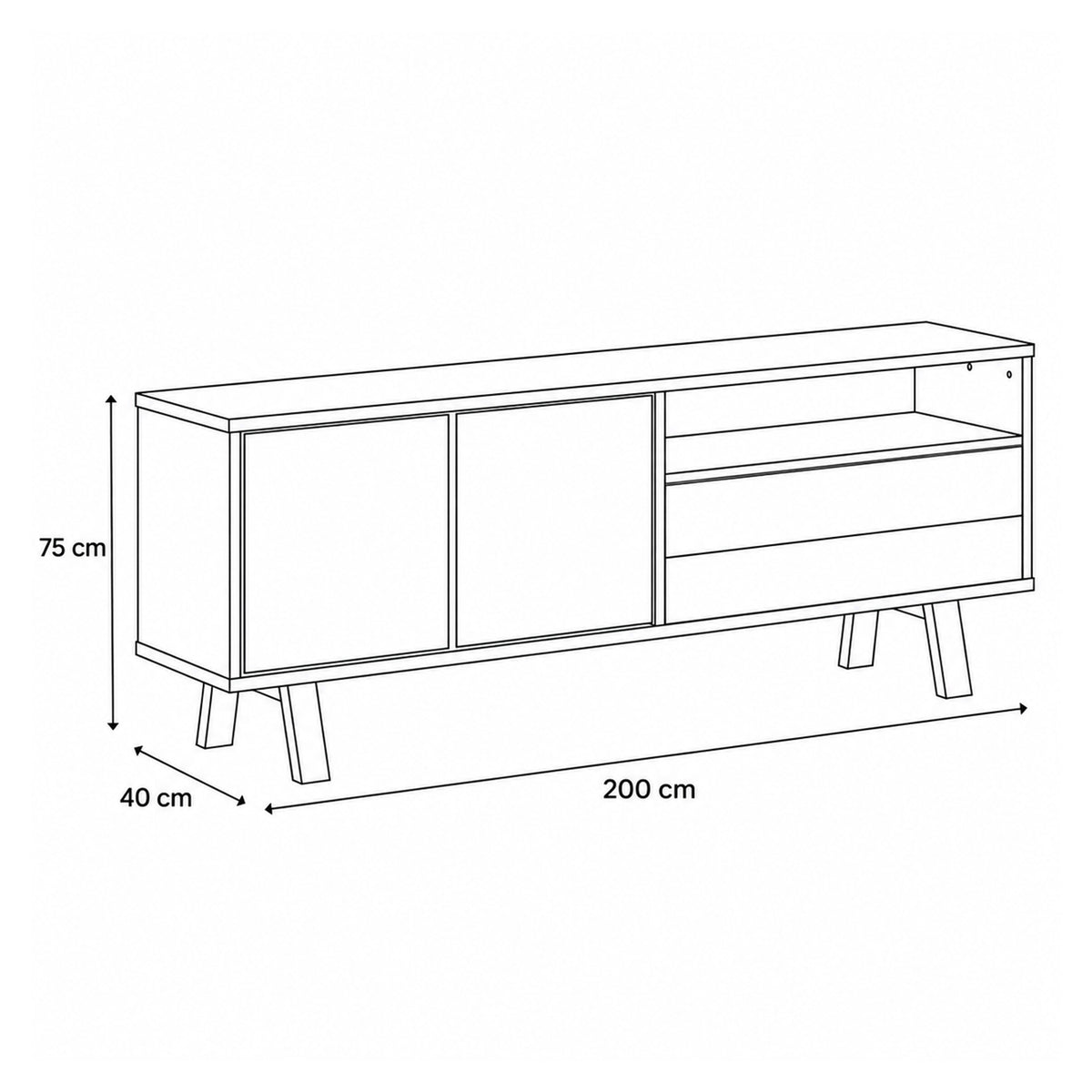 Commode Lurisse 200 x 75 – plan coté indiquant la largeur, la hauteur et la profondeur