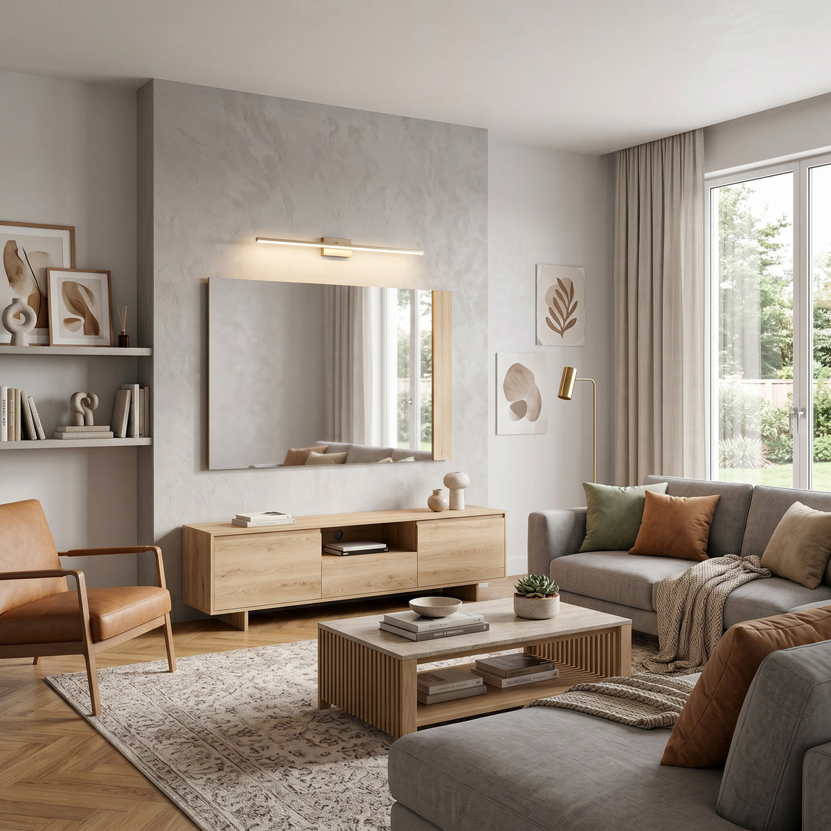 Spiegel Korin 120x80 boven een tv-meubel in een woonkamer met grijze bank – decoratieve spiegel voor de woonkamer