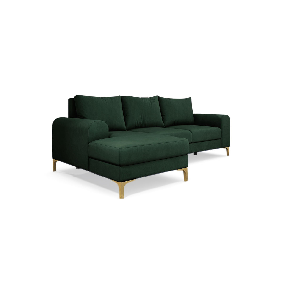 Arpelo-hoekbank 245x145, linkszijdig, kleur Bosmos (MANILA 35) op gouden poten – moderne hoekbank in boho-stijl