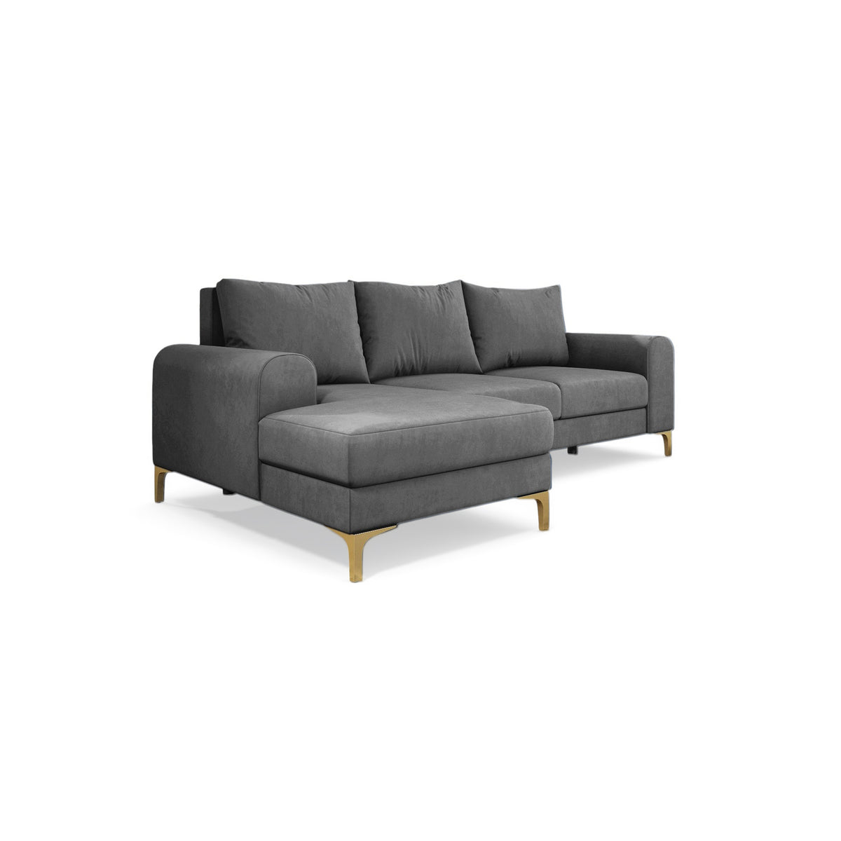 Arpelo-hoekbank 245x145, linkszijdig, Staalgrijs (MANILA 16) op gouden poten – hoekbank met opbergruimte voor beddengoed