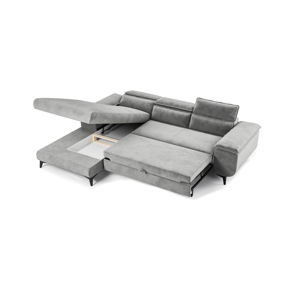 Canapé d'angle Bessi 276x205 avec le coffre ouvert dans la chaise longue – canapé d'angle avec coffre de rangement pour la literie
