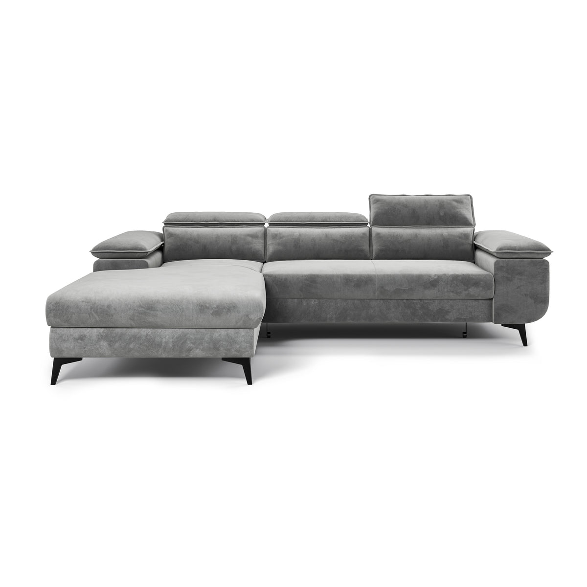 Canapé d'angle Bessi 276x205, version gauche, Brume Grise (MONOLITH 84) – vue de face, chaise longue et pieds hauts noirs