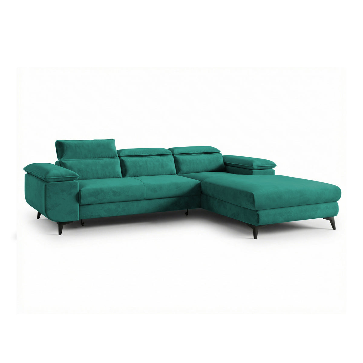 Canapé d'angle Bessi 276x205, version droite, Mer Émeraude (MONOLITH 37), avec appuie-têtes – canapé d'angle avec coffre de rangement pour la literie