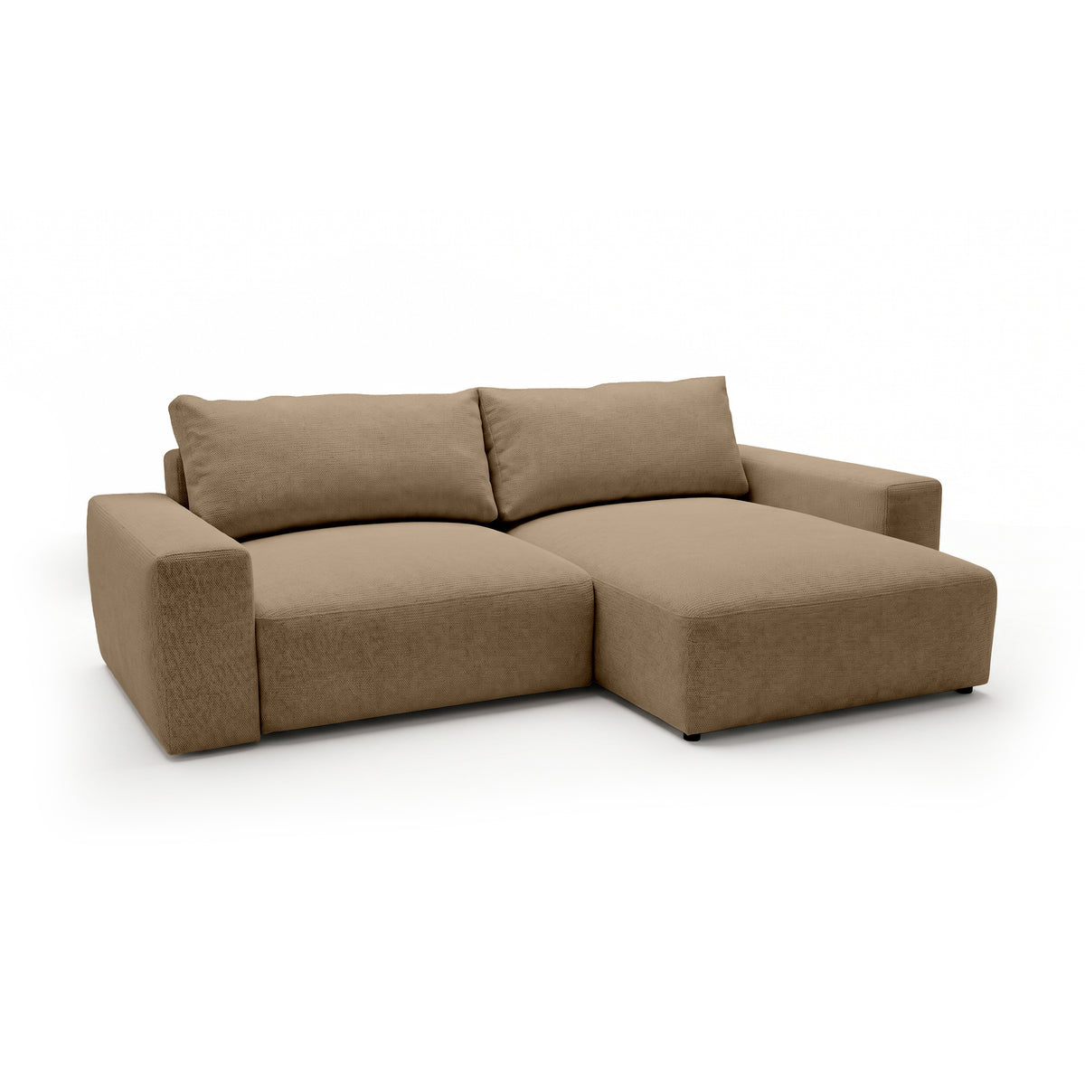 Canapé d'angle modulable Iskeli Beige Noisette (ARAGON 14), version droite, vue de trois quarts – canapé d'angle avec pouf en tissu Aragon